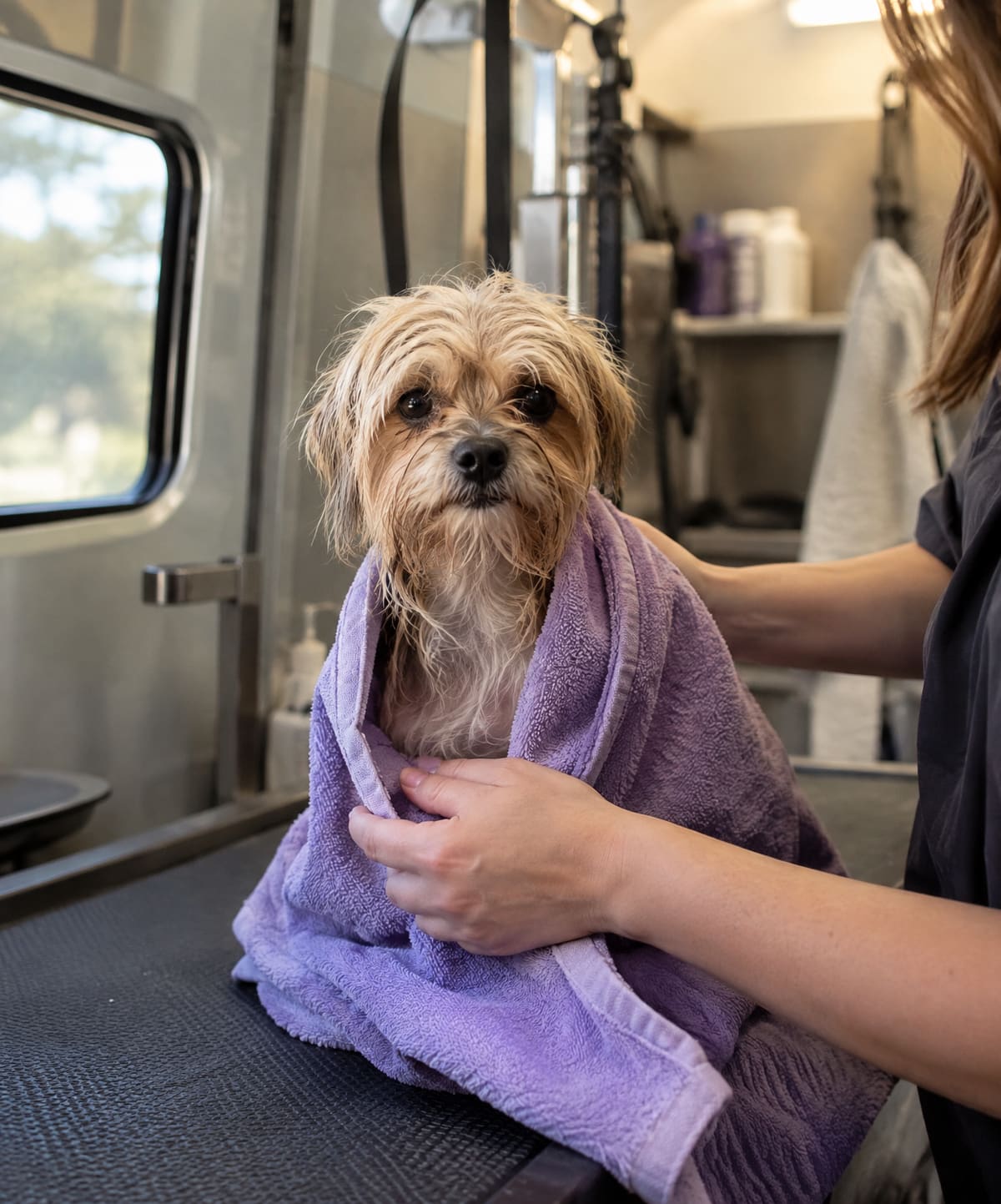 A freshly bathed small dog wrapped in a lavender towel, sitting on a grooming table inside a mobile grooming van
