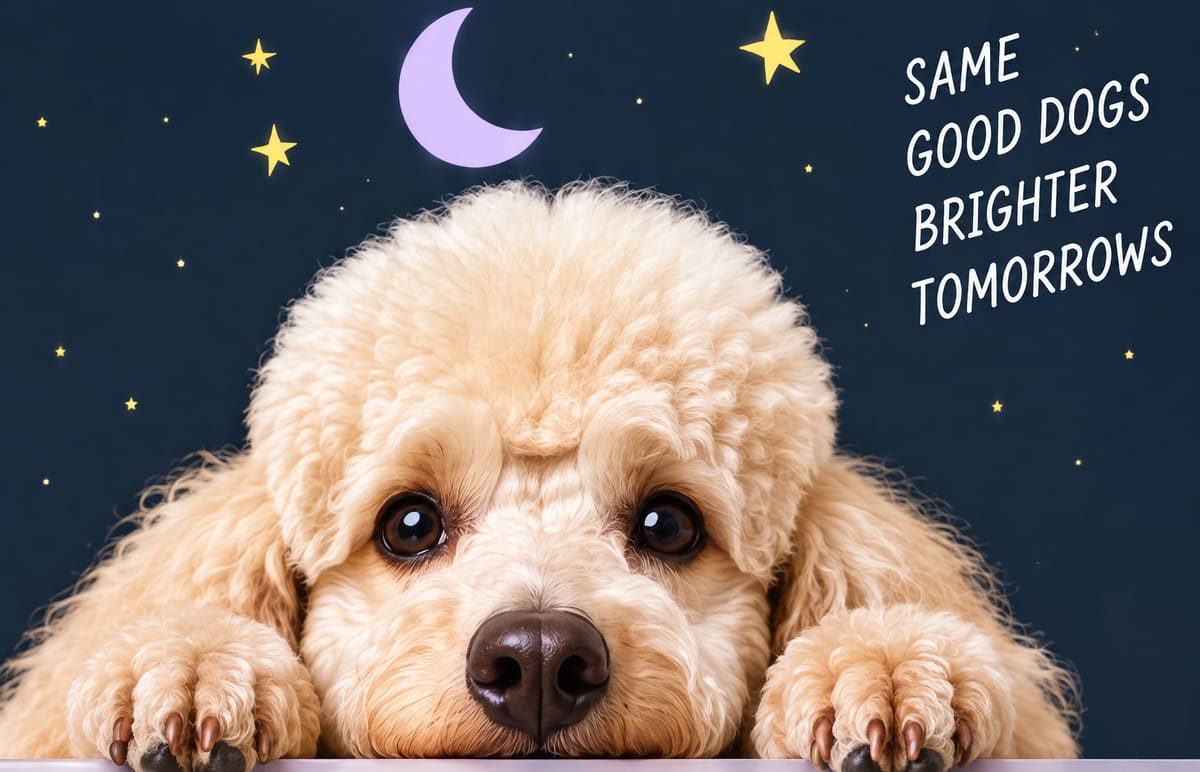 A fluffy cream poodle peeking up with its paws resting on the edge, under a drawn lavender moon and yellow stars