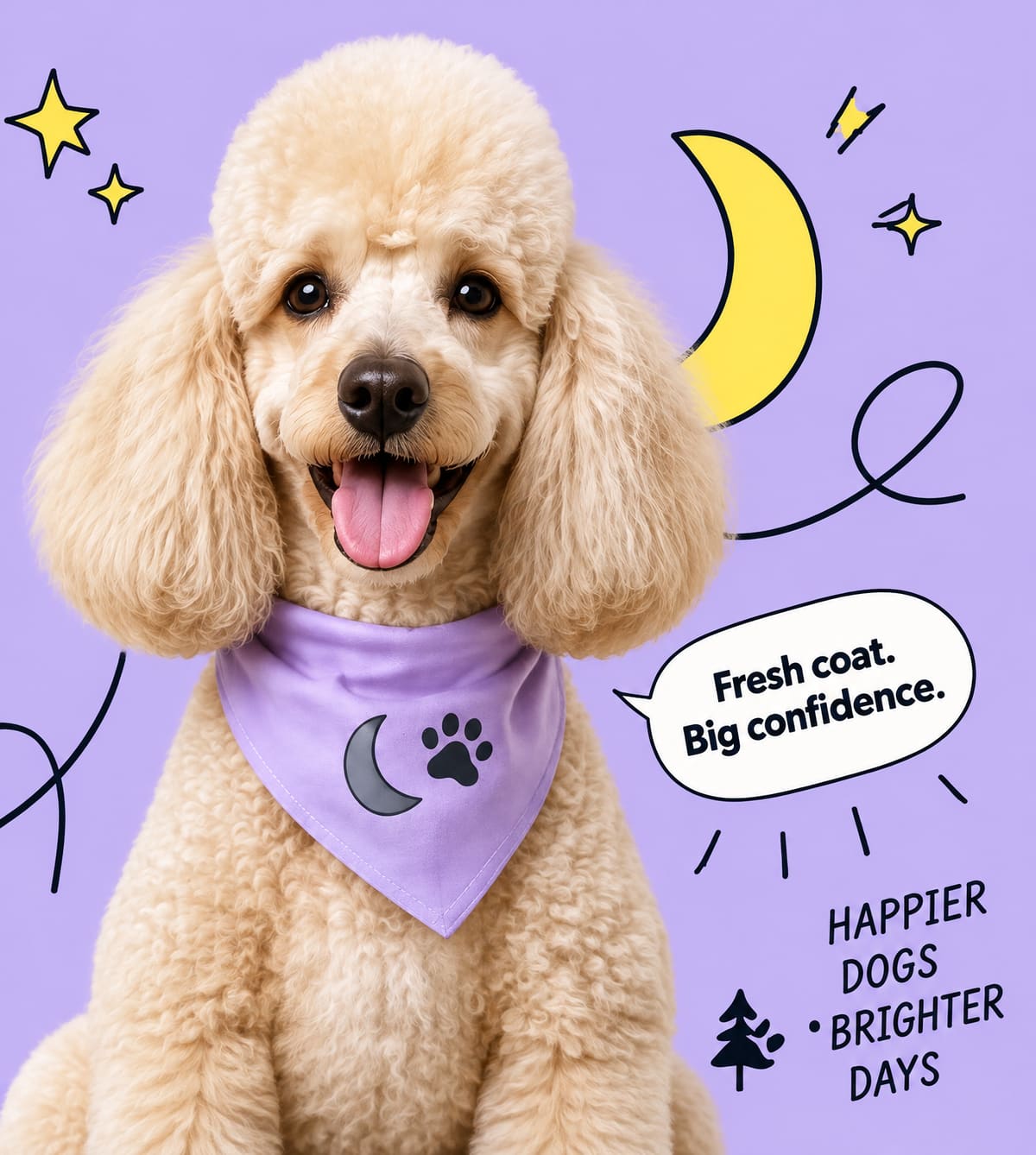 A smiling cream poodle with a rounded groom, wearing a lavender bandana with a moon and paw print, surrounded by drawn moons and stars