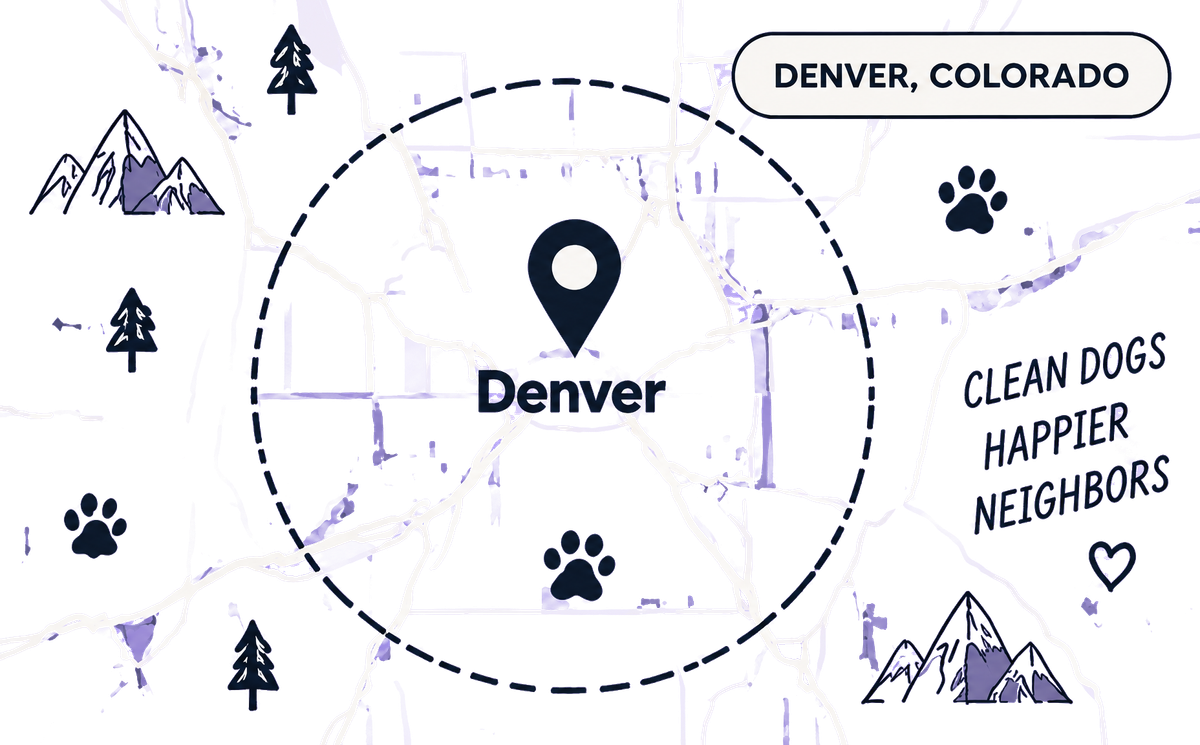 Drawn lavender map of Denver with a dashed service circle around a pin marked Denver, with paw prints, trees and mountains